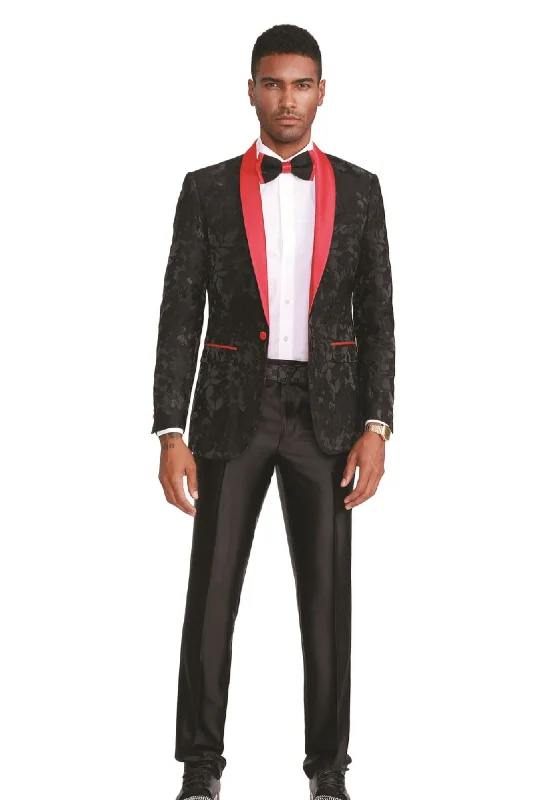 Men’s bold chalk-stripe suit-Decoroso Collection: Men's Floral Pattern Blazer With Interior Pic Stitching in Red & Black