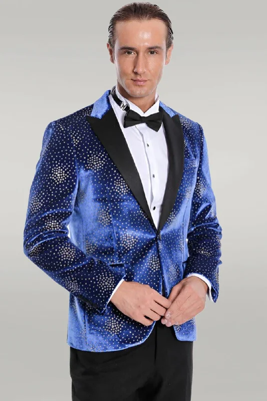 Men’s breathable micro-pattern suit-Dot Patterned Peak Lapel Blue Men Singer Performance Blazer - Wessi