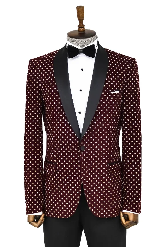 Men’s casual seersucker suit-Dot Patterned Slim Fit Burgundy Men Dinner Jacket - Wessi