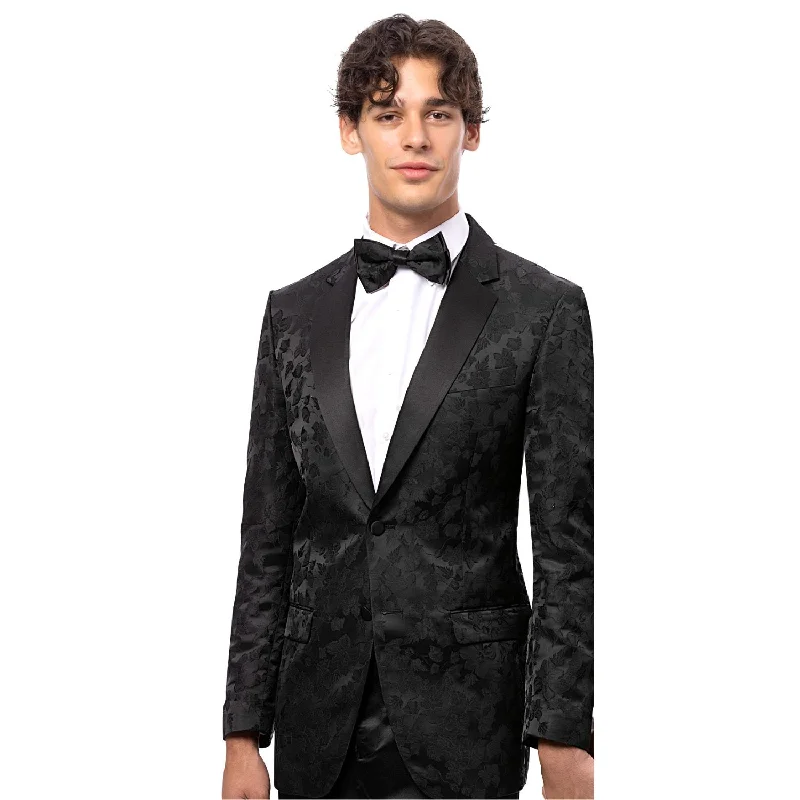 Men’s bright velvet suit-Elegant Black Tone on Tone Floral Print Blazer with Solid Satin Lapel - Modern Fit