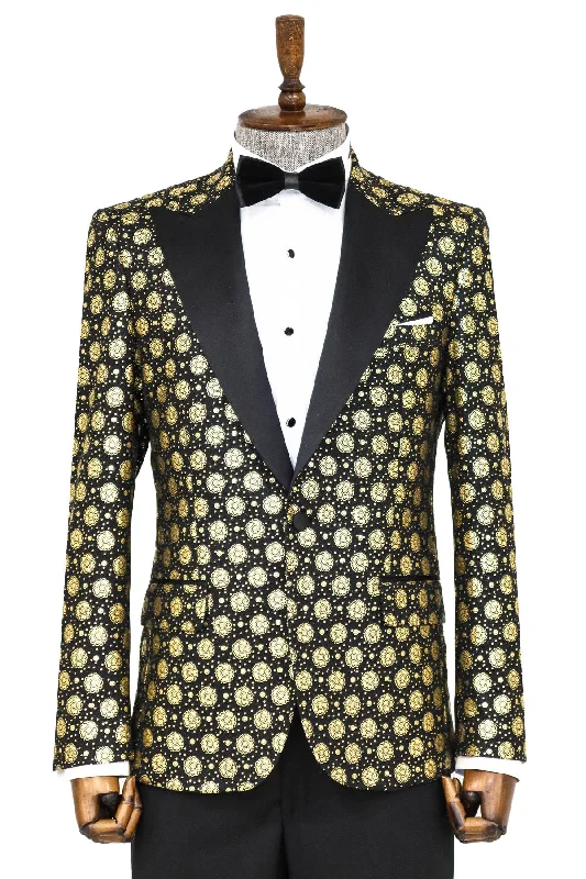 Men’s comfy windowpane suit-Floral Patterned Peak Lapel  Black with Gold Embellished Dinner Jacket - Wessi