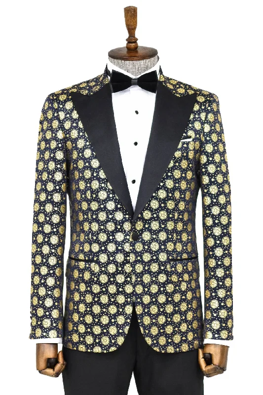 Men’s casual chambray suit-Floral Patterned Peak Lapel  Navy Blue with Gold Embellished Dinner Jacket - Wessi