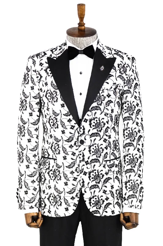 Men’s stylish micro-pattern suit-Floral Patterned Peak Lapel White Men  Wedding Tuxedo Blazer - Wessi