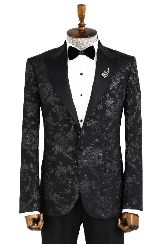 Men’s bold chambray suit-Floral Patterned Shiny Peak Lapel Black Men Dinner Jacket  - Wessi