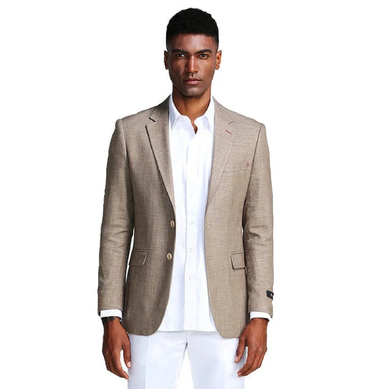 Men’s slim chambray suit-Galaxy Garnish Collection: Tan Solid Color Slim Fit Blazer