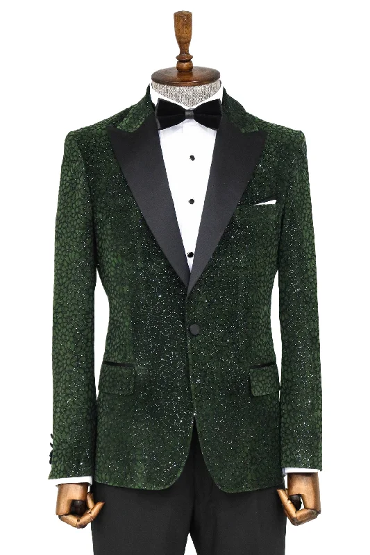 Men’s bright seersucker suit-Glitter Floral Patterned Dark Green Men Dinner Jacket - Wessi