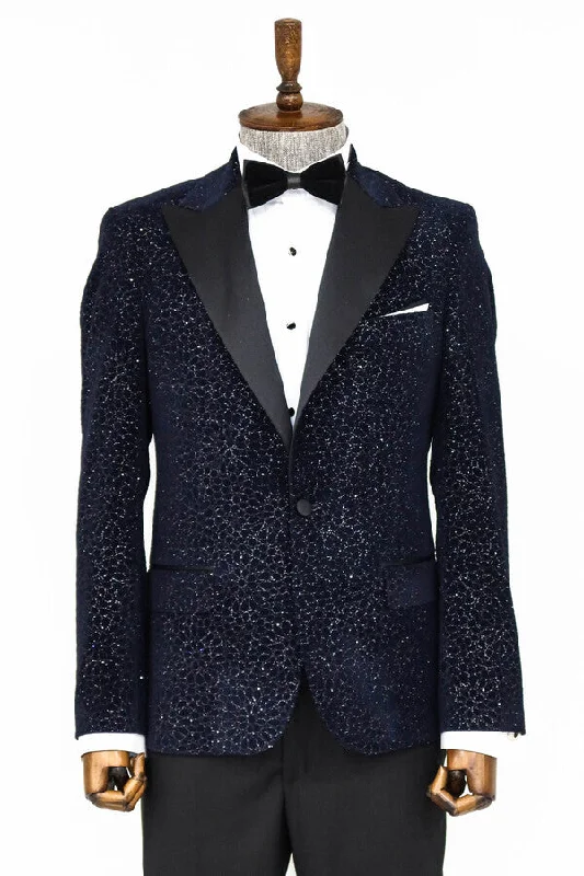 Men’s relaxed chambray suit-Glitter Floral Patterned Navy Blue Men Wedding Tuxedo Blazer - Wessi