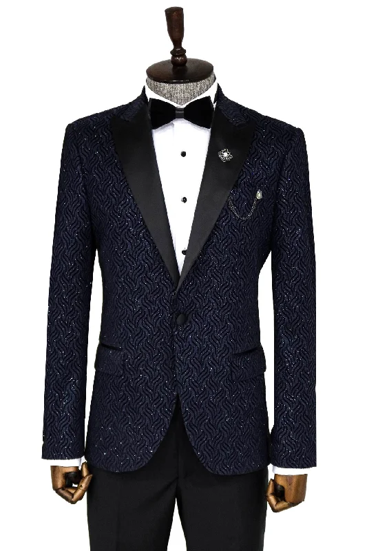 Men’s stylish chalk-stripe suit-Glitter Shiny Navy Blue Men  Blazer - Wessi