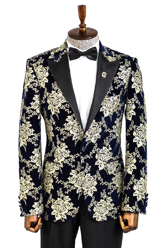 Men’s trendy chambray suit-Gold Floral Patterned Navy Blue Men  Party Blazer - Wessi