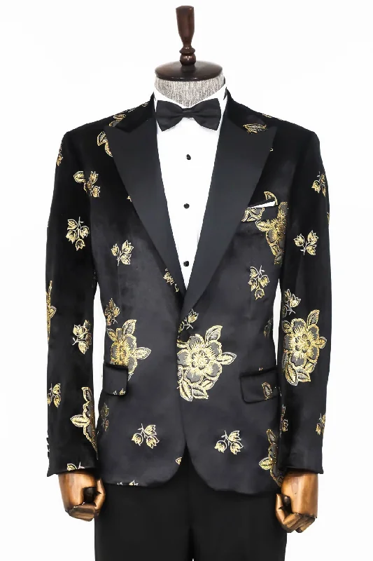 Men’s trendy windowpane suit-Gold Floral Patterned Shiny Black Men Party Tuxedo  Blazer - Wessi