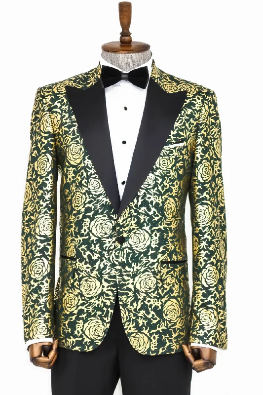 Men’s lightweight three-button suit-Gold Rose Patterned Slim Fit Green Men Singer Tuxedo Jacket - Wessi