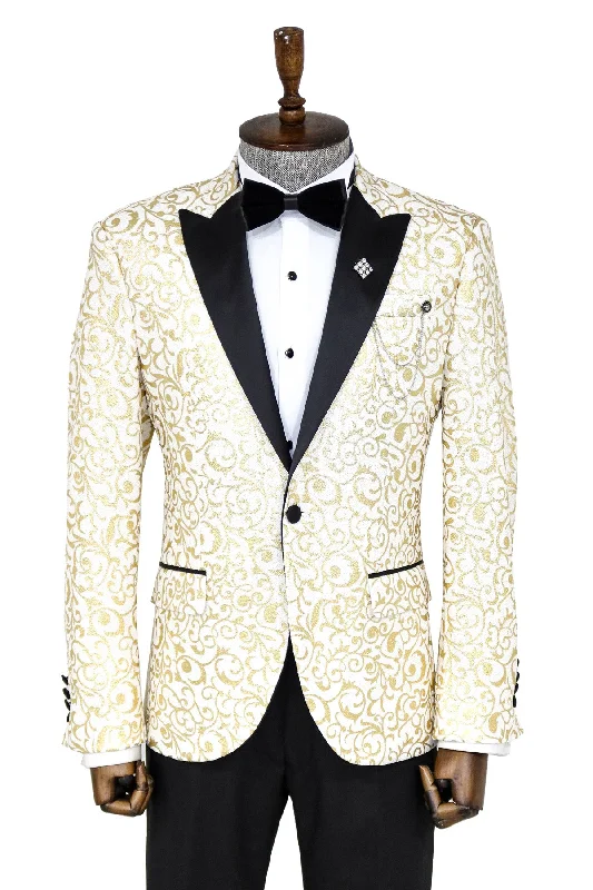 Men’s slim-fit velvet suit-Gold Scroll Patterned Over White Men Wedding Tuxedo Jacket - Wessi