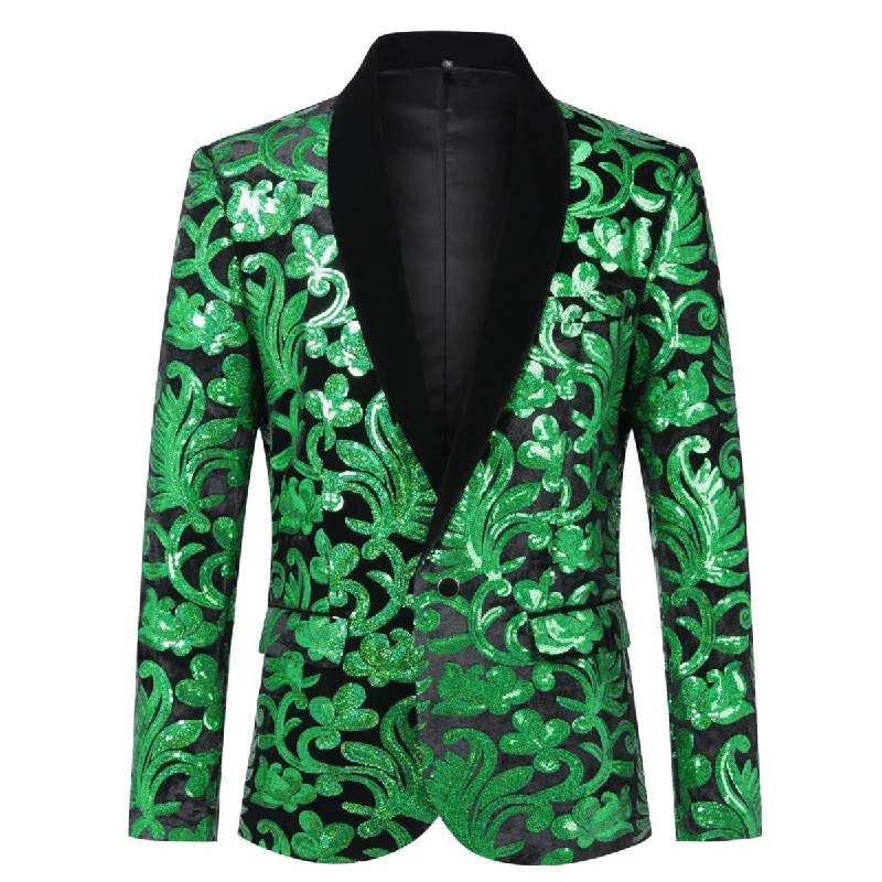 Men’s modern twill-blend suit-Green Sequins Blazer Shawl Collar Blazer