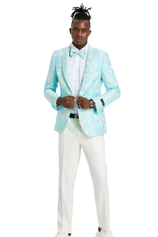 Men’s casual chambray suit-Intricate Collection: Men's Slim Fit Paisley Blazer in Mint & Yellow