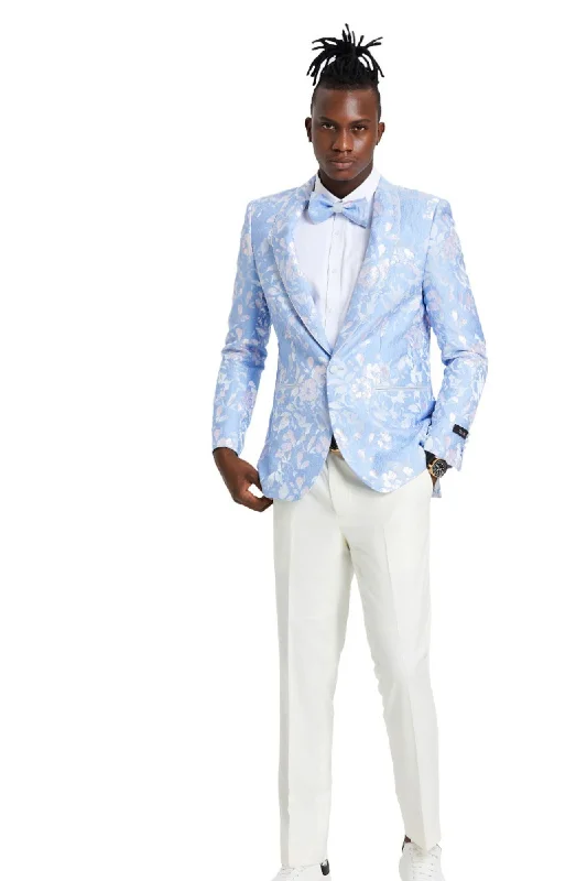 Men’s relaxed shawl-collar suit-Intricate Collection: Men's Slim Fit Paisley Blazer in Sky & Silver