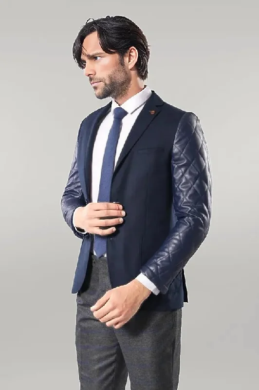 Men’s stylish chambray suit-Leathered Sleeve Quilted Navy Blue Cache Blazer - Wessi