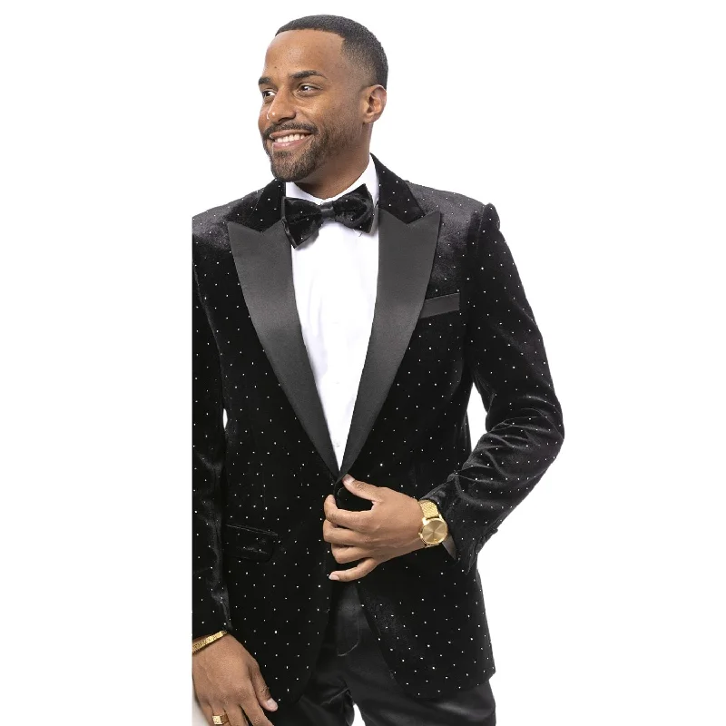 Men’s lightweight unstructured suit-Luxurious Black Velvet Blazer with Satin Lapel and Diamond Stud Accents