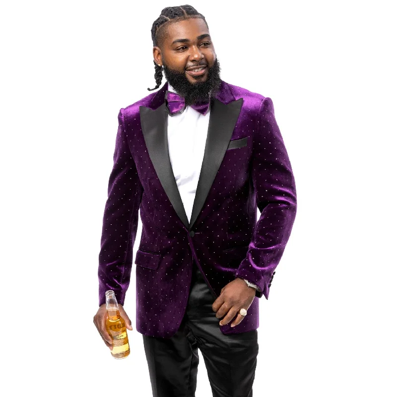 Men’s durable micro-pattern suit-Luxurious Purple Velvet Blazer with Satin Lapel and Diamond Stud Accents