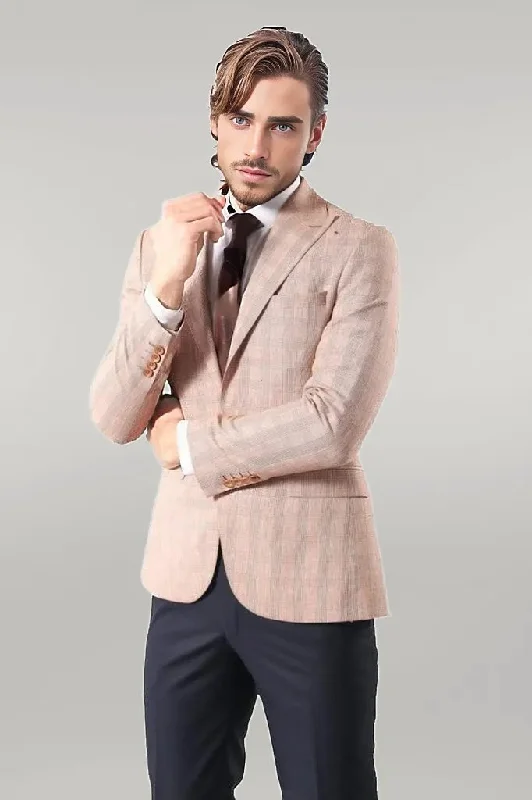 Men’s trendy shawl-collar suit-Single Button Plaid Beige Blazer - Wessi