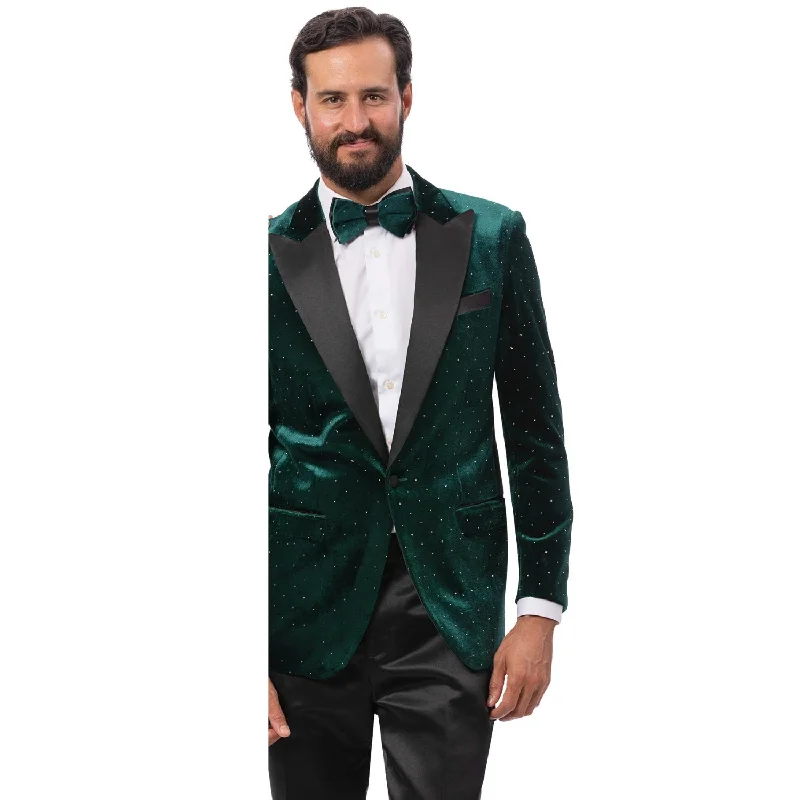 Men’s slim-fit chalk-stripe suit-Modern Fit Green Velvet Blazer with Black Satin Lapel & Diamond Studs