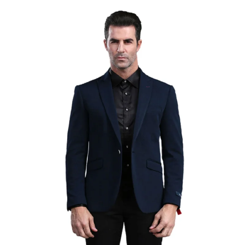 Men’s breathable chalk-stripe suit-Moonlit Mode Collection: Navy Solid Color Skinny Fit Blazer