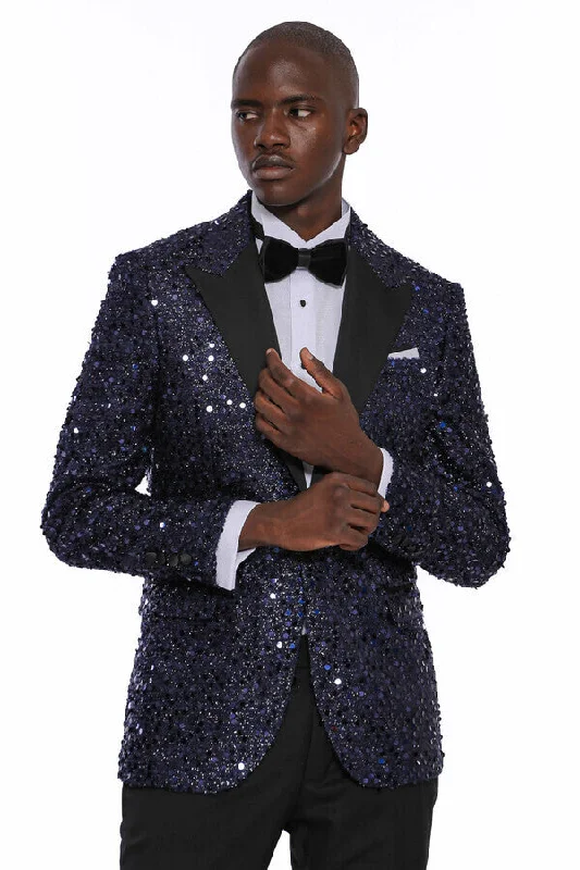 Men’s slim-fit velvet suit-Navy Blue Sequin Patterned Party Blazer | Wessi