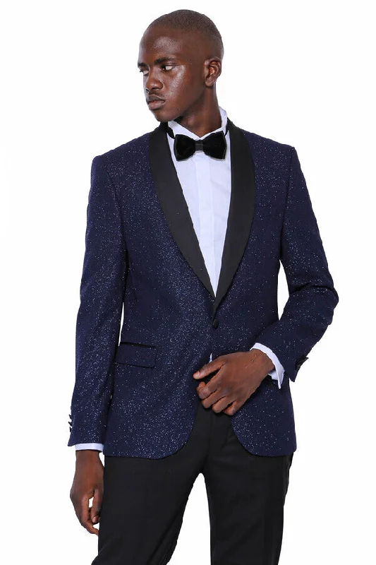 Men’s durable corduroy suit-Shawl Lapel Navy Blue Men Sparkly Blazer - Wessi