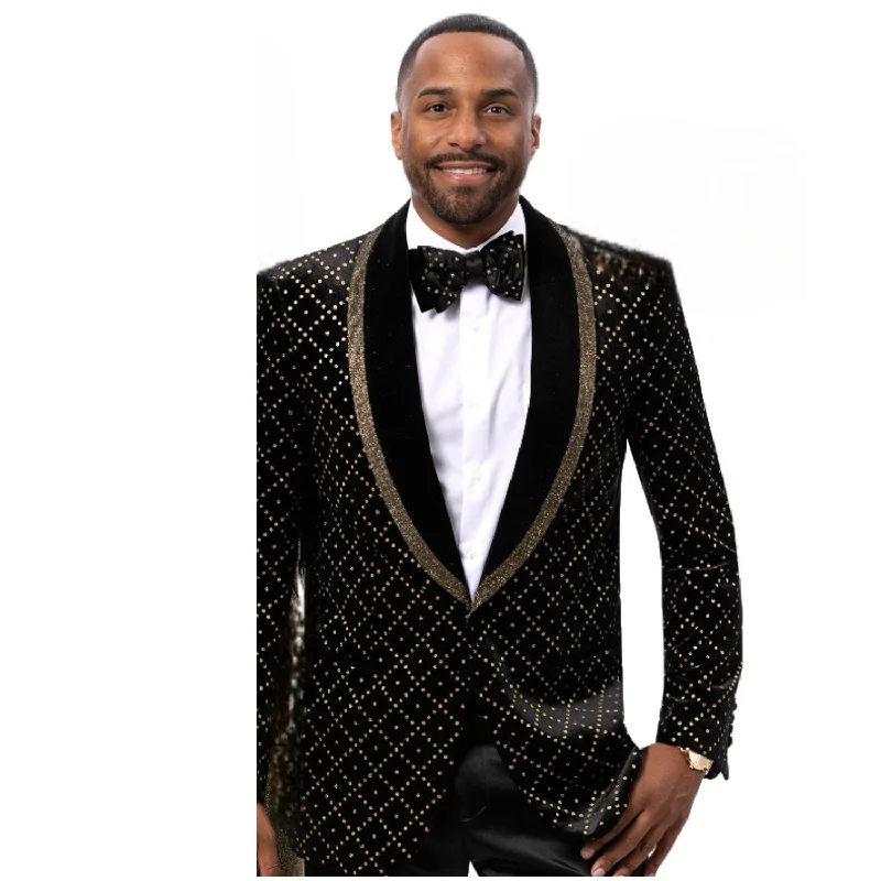 Men’s modern chambray suit-Opulent Black and Gold Velvet Blazer with Modern Fit