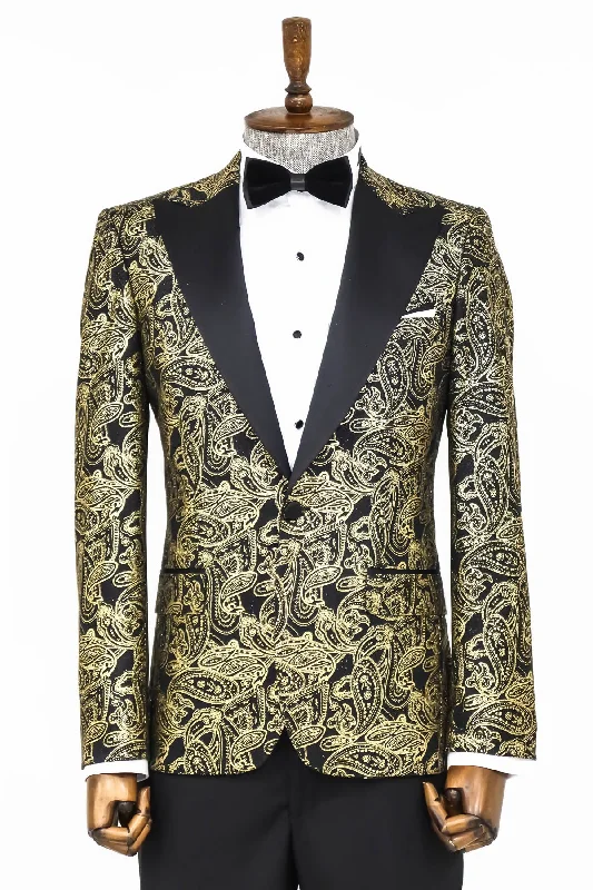 Men’s trendy windowpane suit-Paisley Peak Lapel Black Men Dinner Tuxedo  Jacket - Wessi