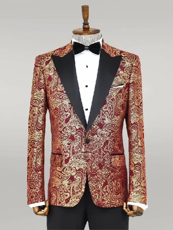 Men’s relaxed micro-pattern suit-Paisley Peak Lapel Burgundy Men Singer Tuxedo Blazer - Wessi