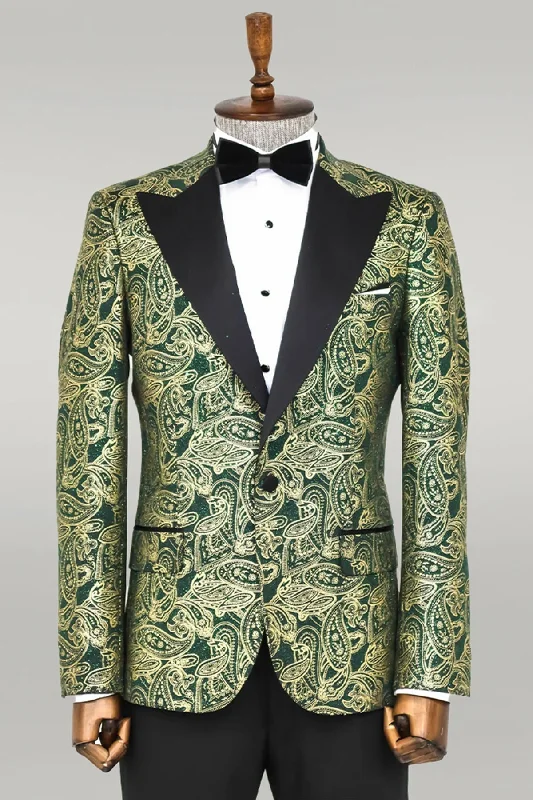 Men’s breathable seersucker suit-Paisley Peak Lapel Green Men Stage Tuxedo Jacket - Wessi