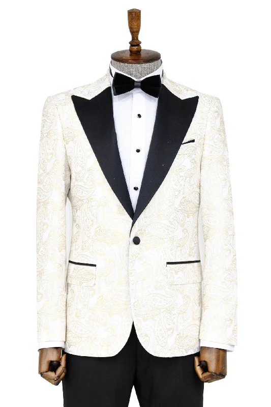 Men’s soft chalk-stripe suit-Paisley Peak Lapel White Men Groom Wedding Jacket - Wessi