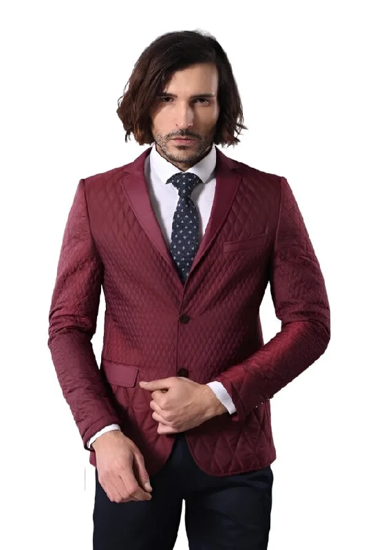 Men’s bright corduroy suit-Patterned Quilted Burgundy Men Blazer - Wessi