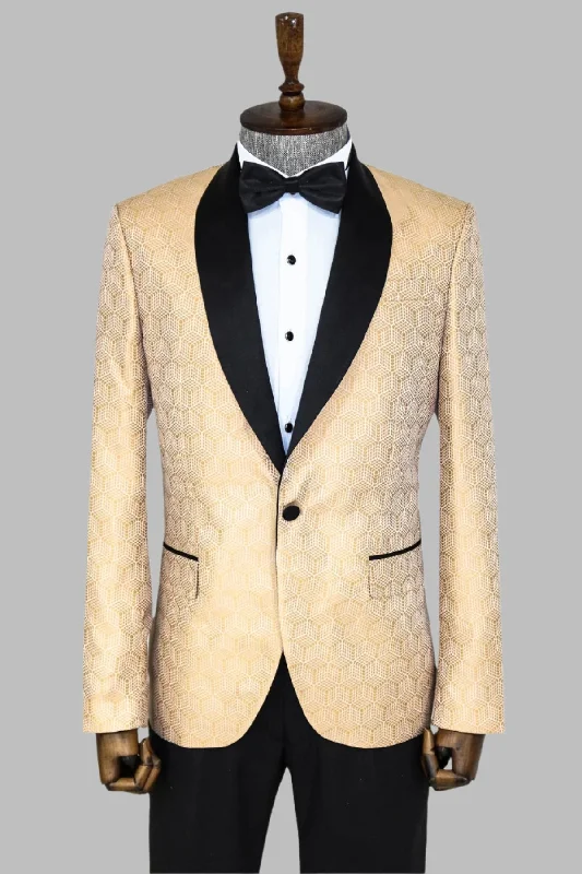 Men’s bold chalk-stripe suit-Pentagon Patterned Shawl Lapel Cream Men Dinner Jacket - Wessi