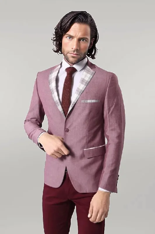 Men’s slim-fit shawl suit-Pocket and Collar Plaid Mens Linnen Burgundy Blazer - Wessi