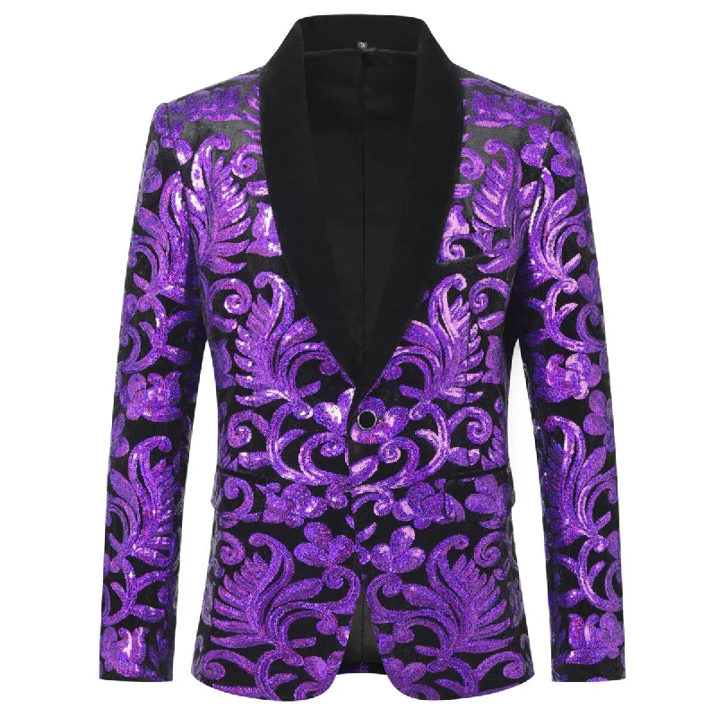 Men’s comfy chalk-stripe suit-Purple Sequins Blazer Shawl Collar Blazer