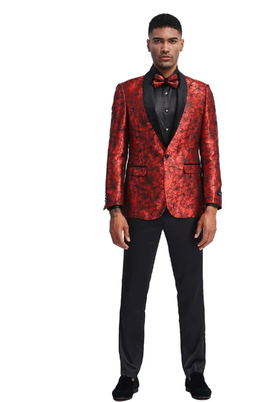 Men’s trendy corduroy suit-Quintessential Collection: Men's Floral Pattern Blazer In Red