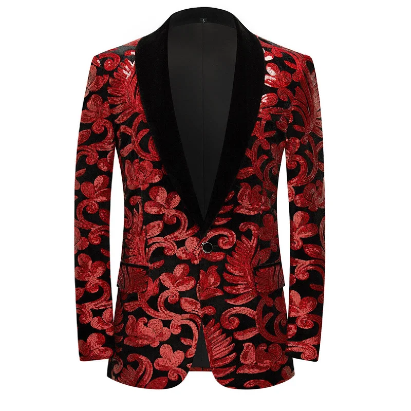 Men’s trendy poplin suit-Red Sequins Blazer Shawl Collar Blazer