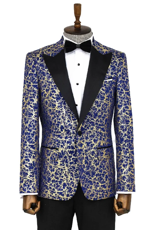 Men’s comfy twill-blend suit-Root Pattern Peak Lapel Dark Blue Men Tuxode Dinner Blazer - Wessi