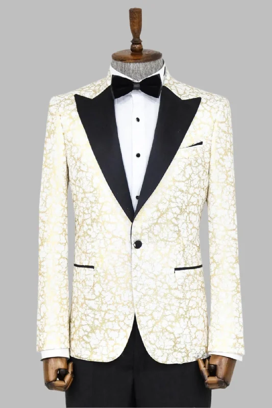 Men’s comfy velvet suit-Root Pattern Peak Lapel White Men Dinner Jacket - Wessi