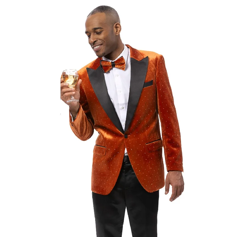 Men’s relaxed chambray suit-Rust Velvet Blazer with Black Satin Lapel & Diamond Studs - Modern Fit