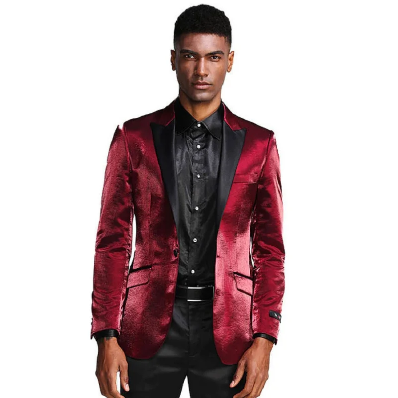 Men’s lightweight twill-blend suit-Selene Style Collection: Burgundy Solid Shine Single Breasted Slim Fit Blazer