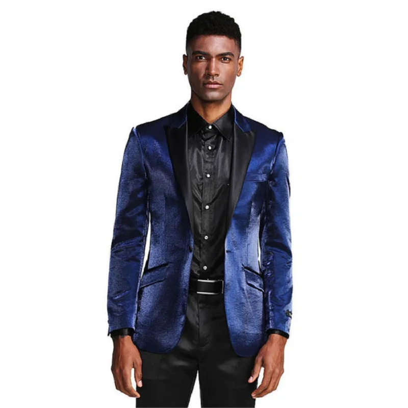 Men’s bright three-button suit-Selene Style Collection: Navy Solid Shine Single Breasted Slim Fit Blazer