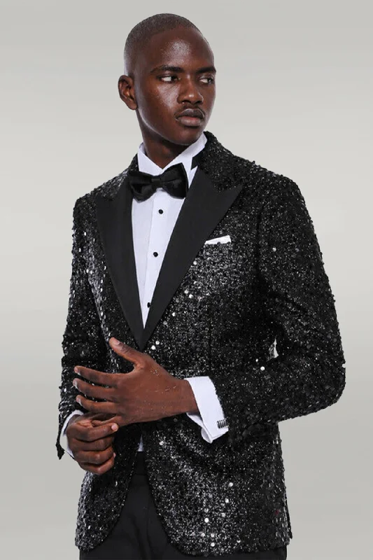 Men’s relaxed velvet suit-Sequin Patterned Black Party Blazer | Wessi