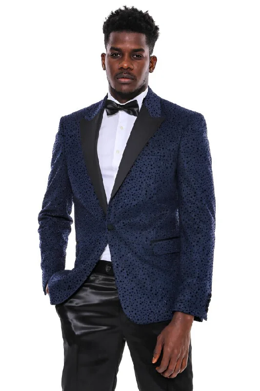 Men’s breathable shawl suit-Shiny Dot Patterned Navy Blue Men Party Blazer - Wessi