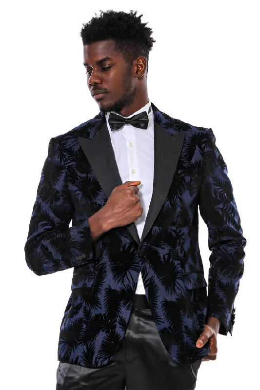 Men’s stylish windowpane suit-Shiny Leaf Patterned Navy Blue Men Tuxedo Party  Blazer - Wessi