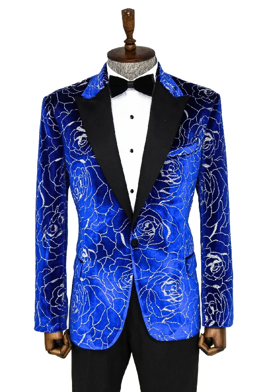 Men’s slim-fit corduroy suit-Shimmering  Silver Rose Patterned Over Blue Men Stage Tuxedo  Blazer - Wessi