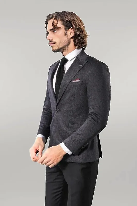 Men’s bold windowpane suit-Single Button Double Vent Pointed Collar Navy Blue Blazer - Wessi