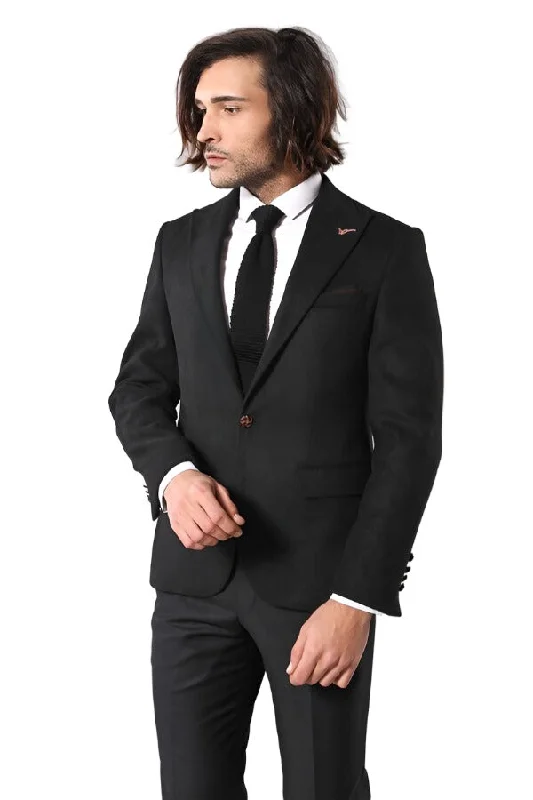 Men’s modern twill-blend suit-Single Button Pointed Collar Black Blazer - Wessi