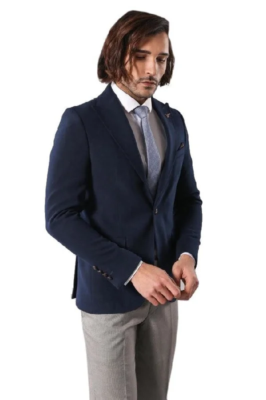 Men’s durable shawl suit-Single Button Pointed Collar Navy Blue Blazer - Wessi